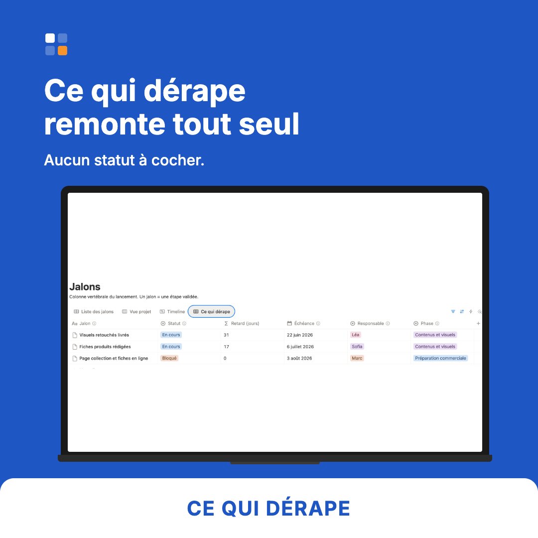 Détection automatique des retards dans le planning de lancement produit Notion