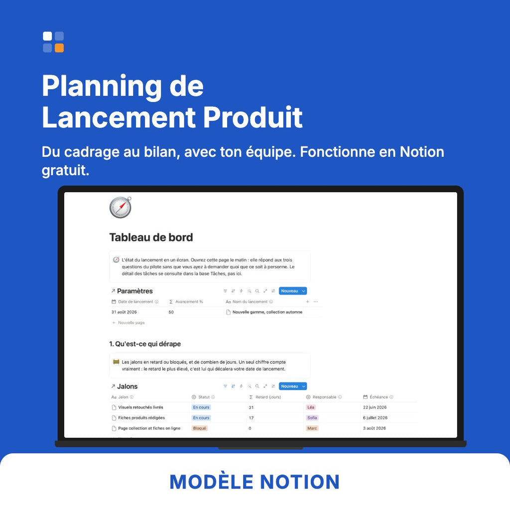 Planning lancement produit, modèle Notion pour piloter un lancement du cadrage au bilan