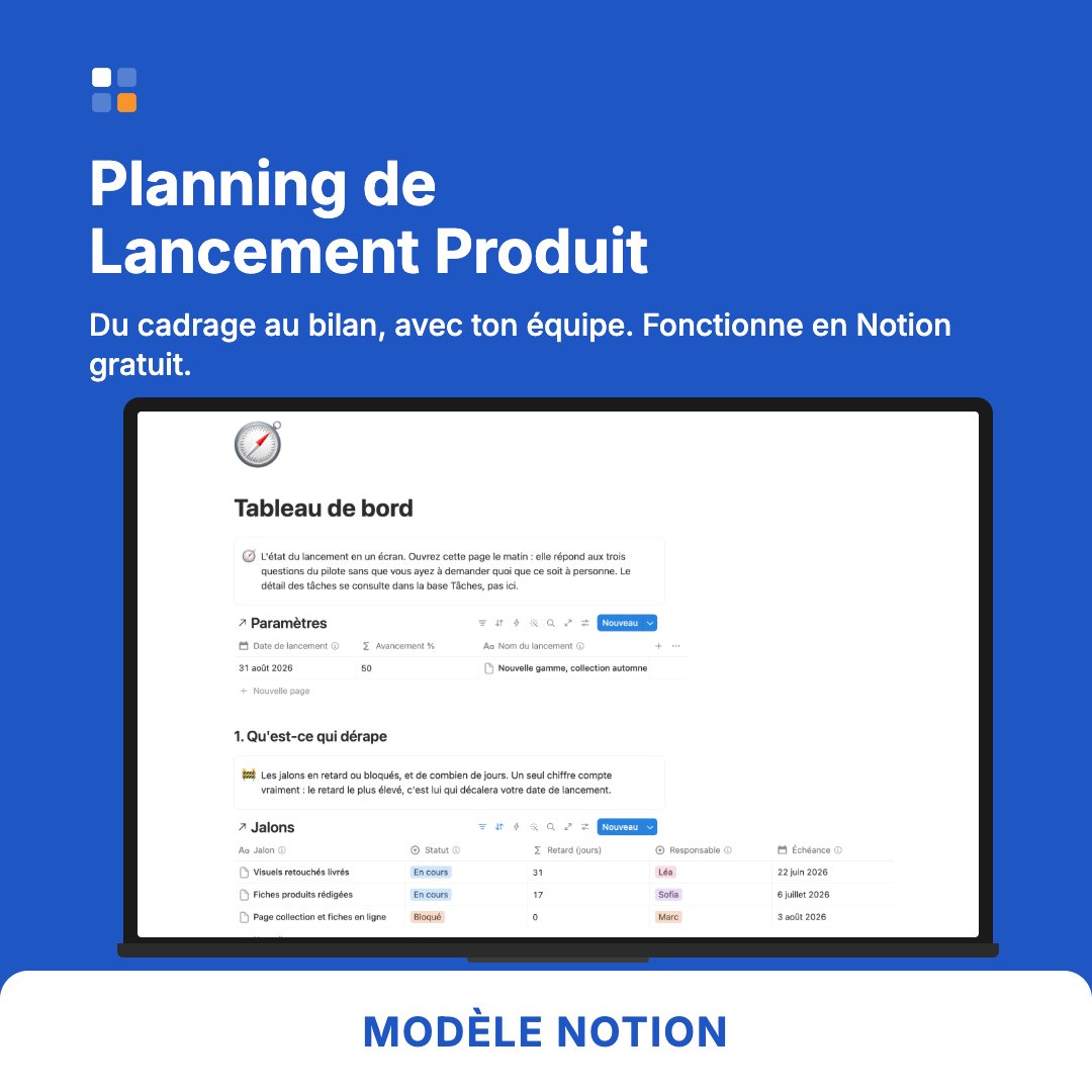 Planning lancement produit, modèle Notion pour piloter un lancement du cadrage au bilan