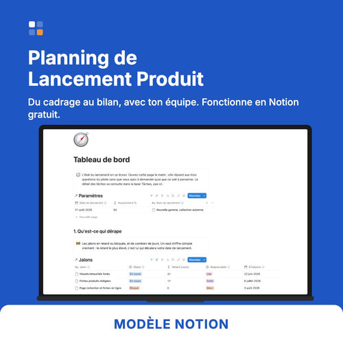 Planning lancement produit, modèle Notion pour piloter un lancement du cadrage au bilan