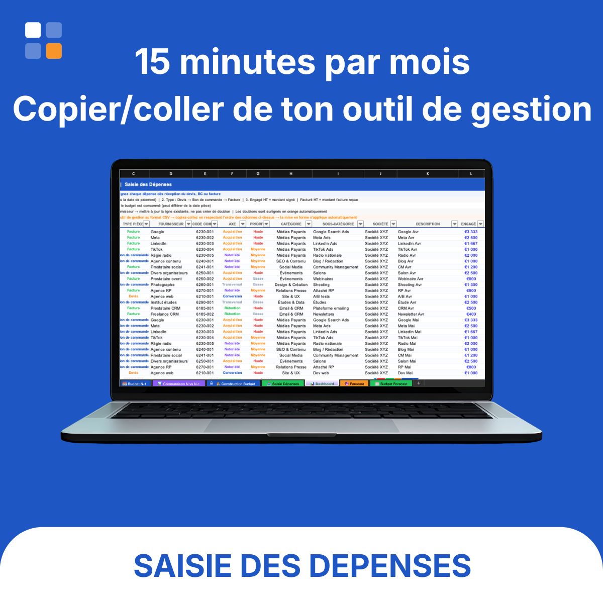 Saisie dépenses marketing Excel import mensuel copier-coller