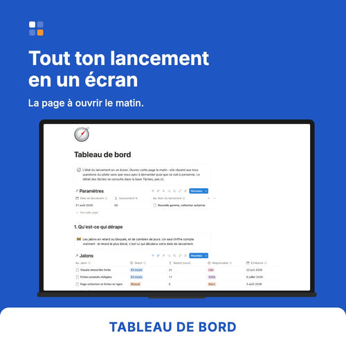 Tableau de bord de lancement produit sur Notion : ce qui dérape, ce qui attend une décision, où en est le projet